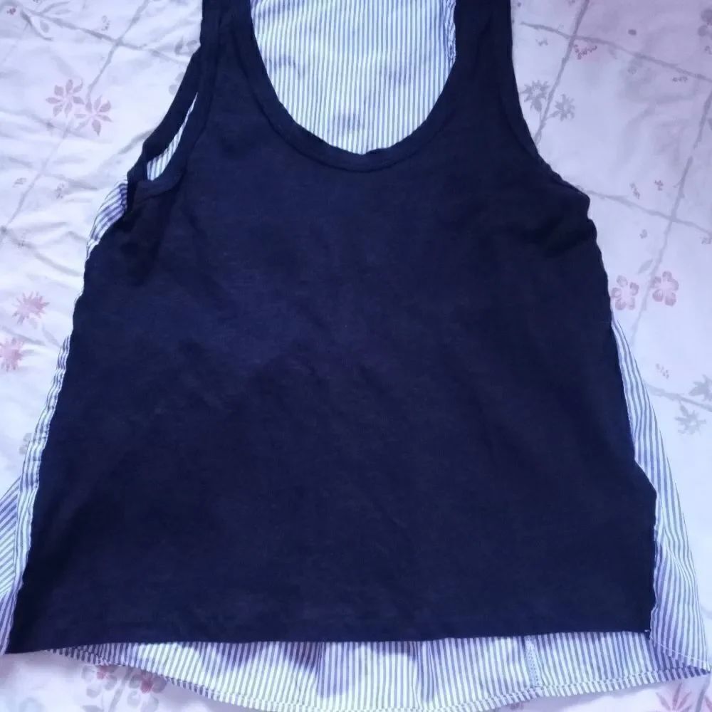 J CREW Slvless Blue 100%Linen Striped Trim 100%Silk 1/2 ElasticWaist Women Tank